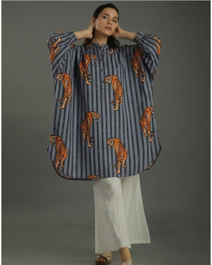 Wildrade Balloon Oversized Cotton Shirt – Charcoal Tiger Print