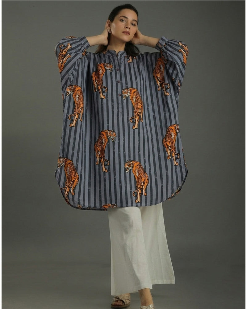 Wildrade Balloon Oversized Cotton Shirt – Charcoal Tiger Print