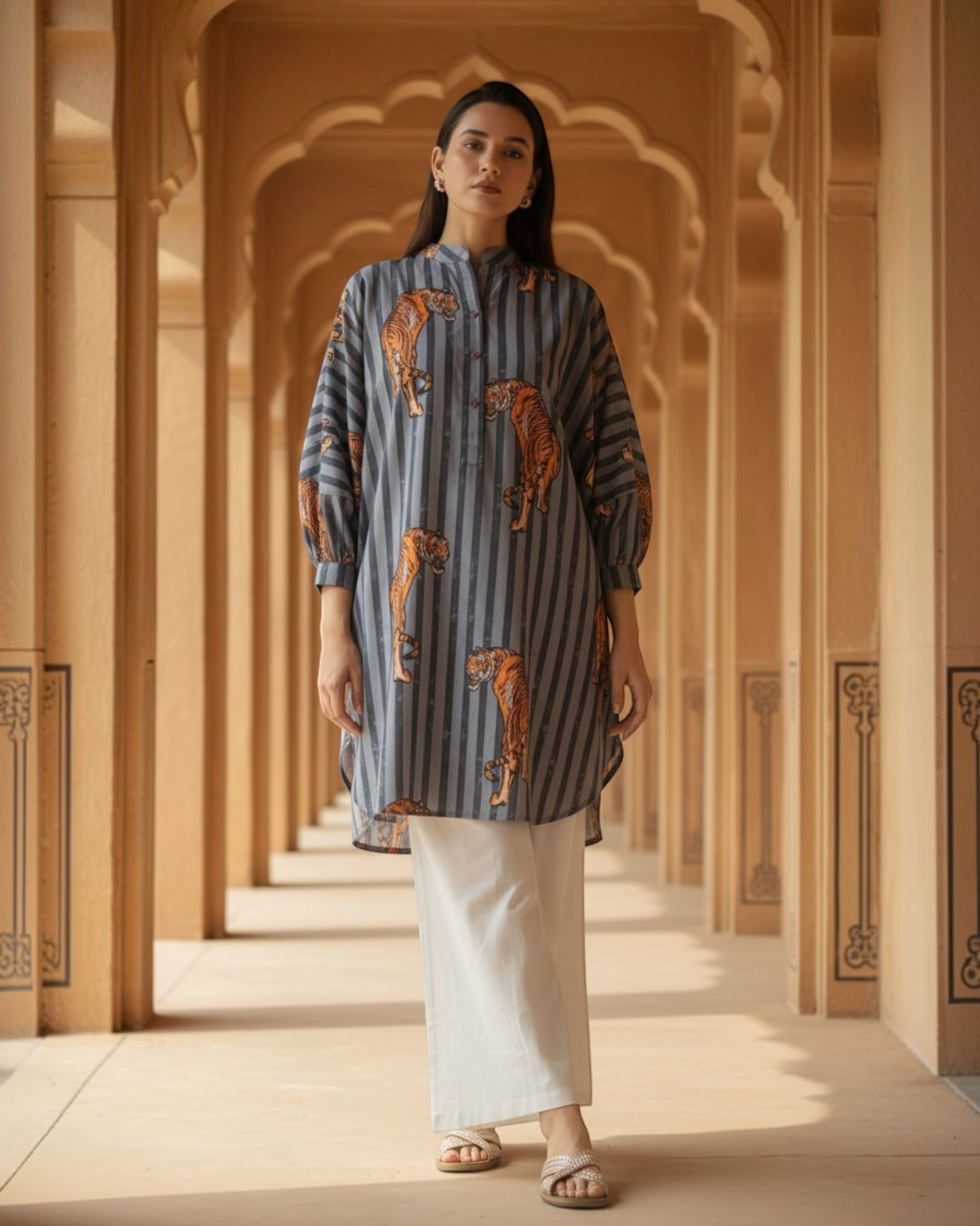 Wildrade Balloon Oversized Cotton Shirt – Charcoal Tiger Print