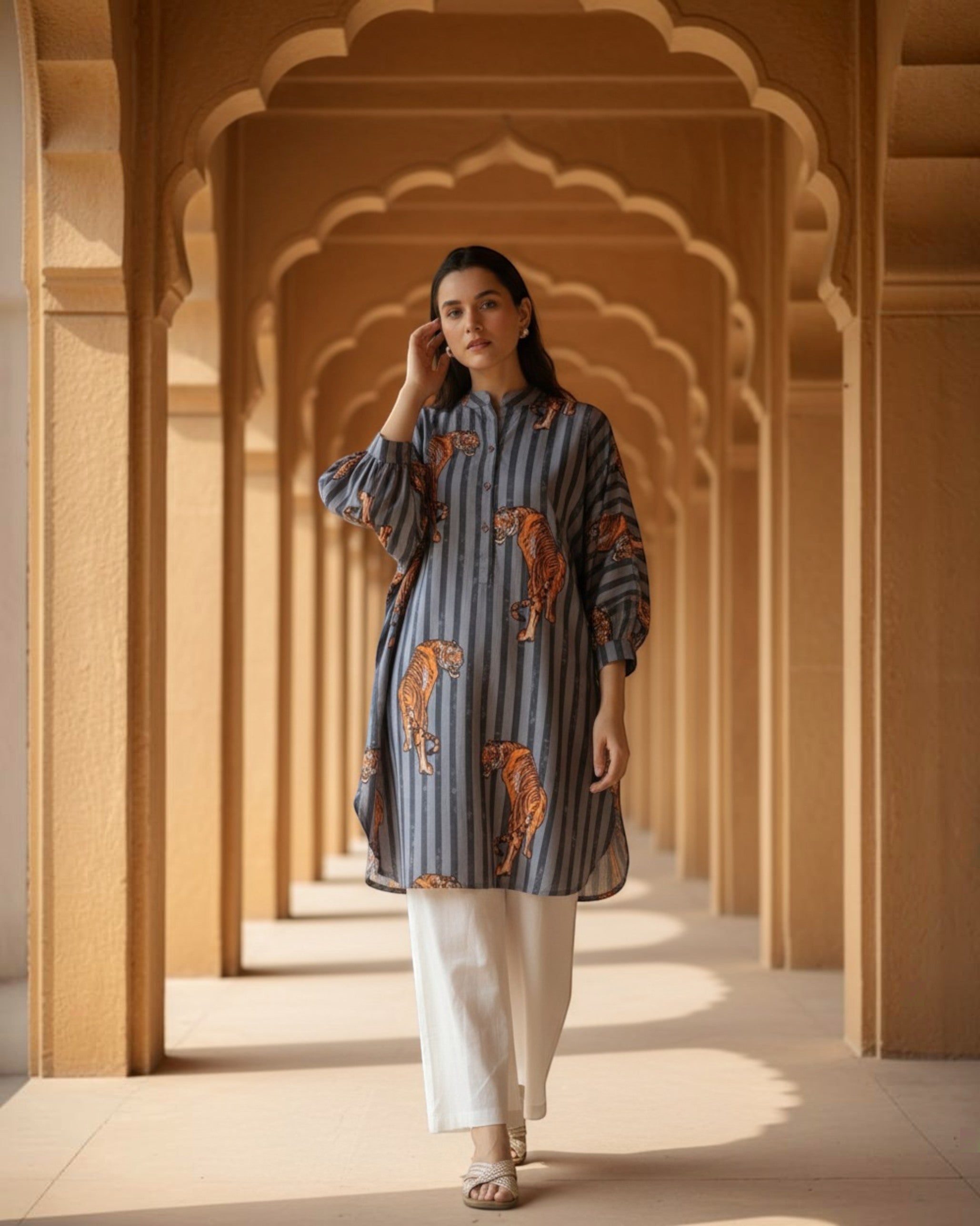 Wildrade Balloon Oversized Cotton Shirt – Charcoal Tiger Print
