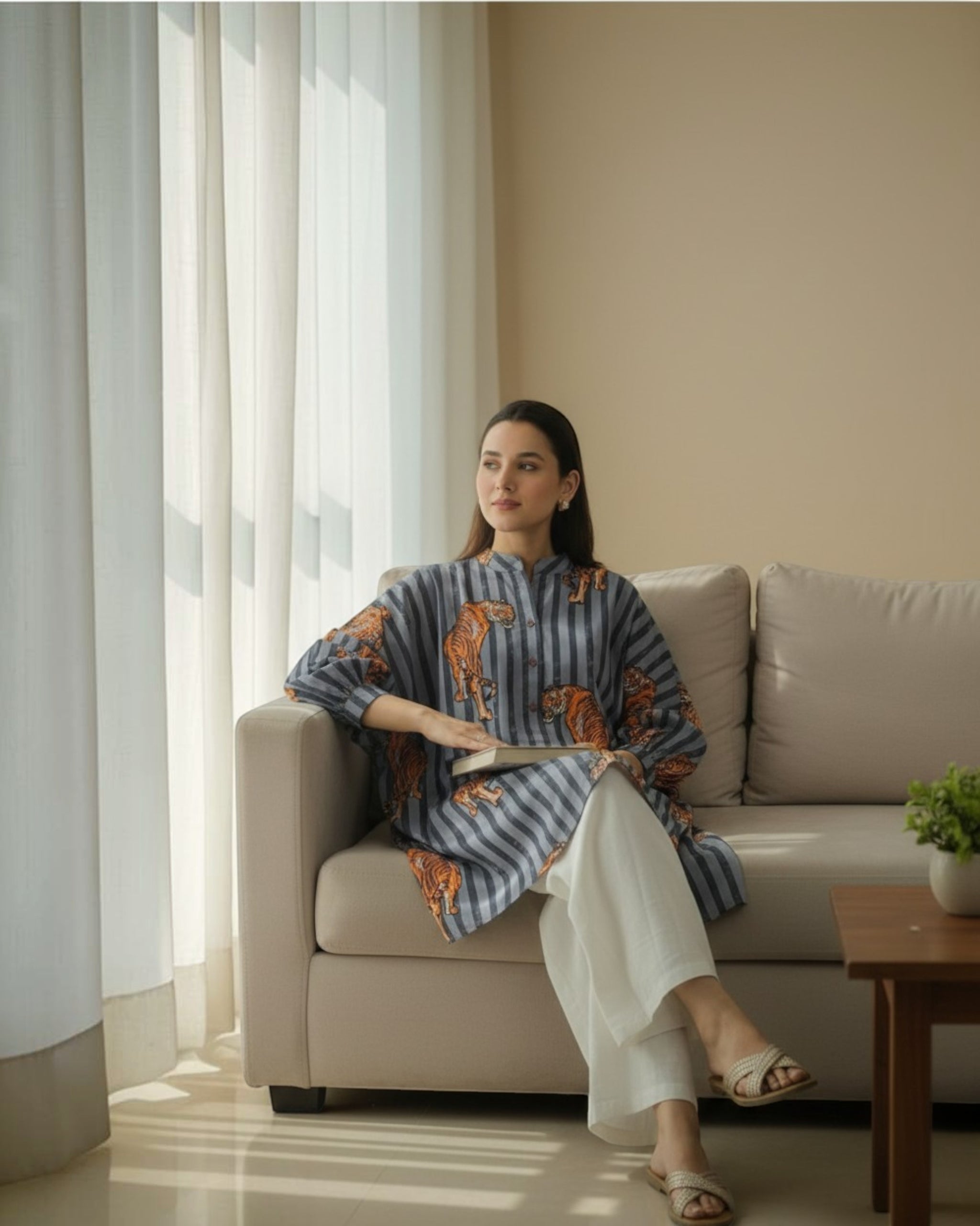 Wildrade Balloon Oversized Cotton Shirt – Charcoal Tiger Print