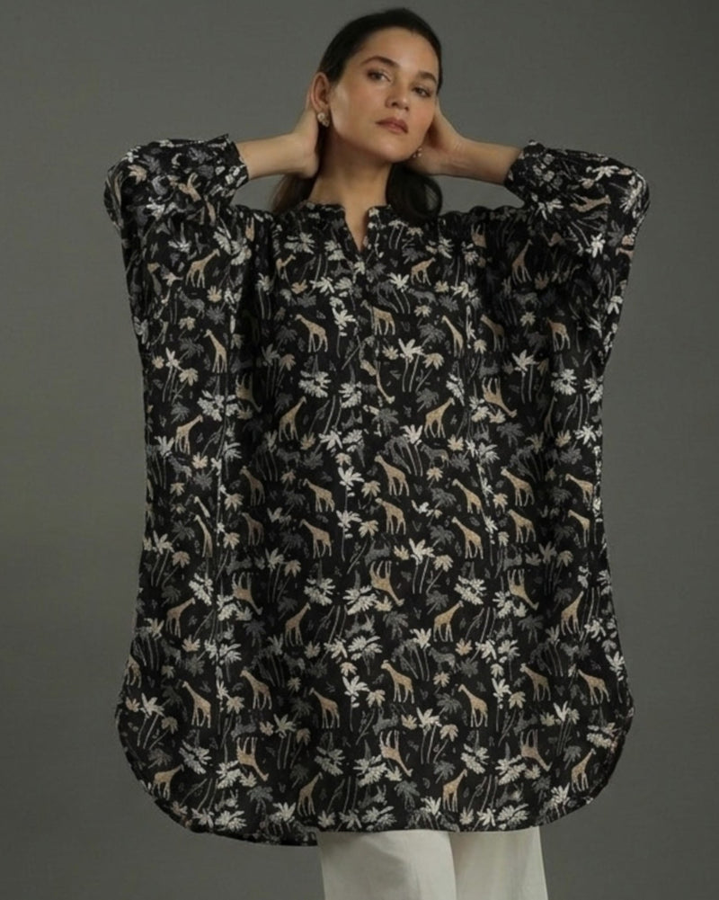 Reverie Balloon Oversized Cotton Shirt – Black Print