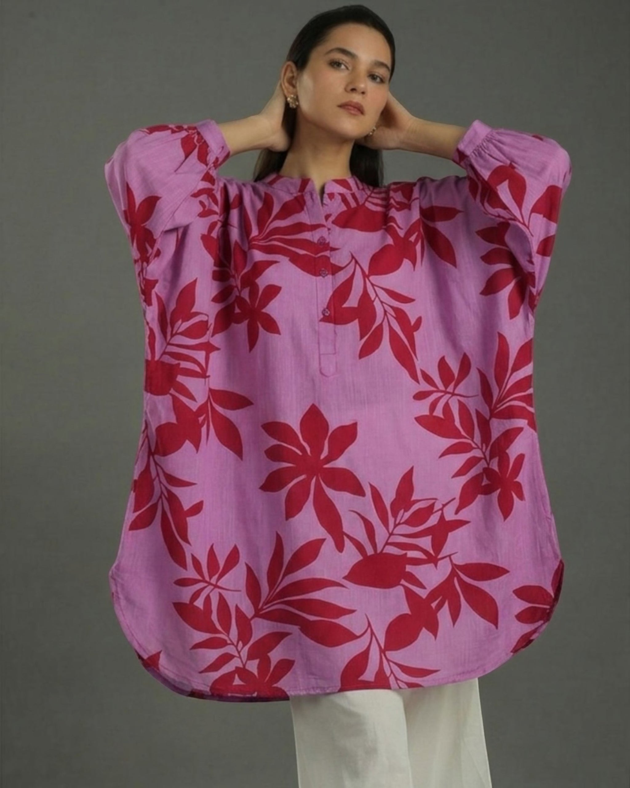 Redscape Balloon Oversized Cotton Coord Set – Lavender & Red Print